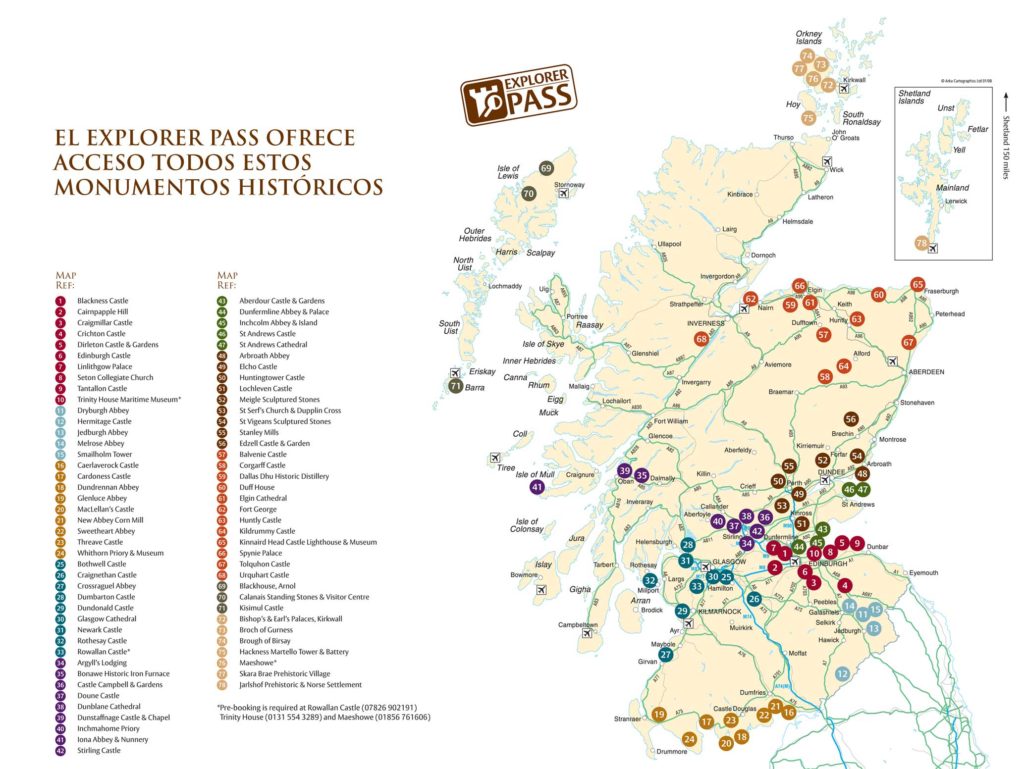 Mapa de monumentos visitables con la tarjeta Explorer Pass de Escocia