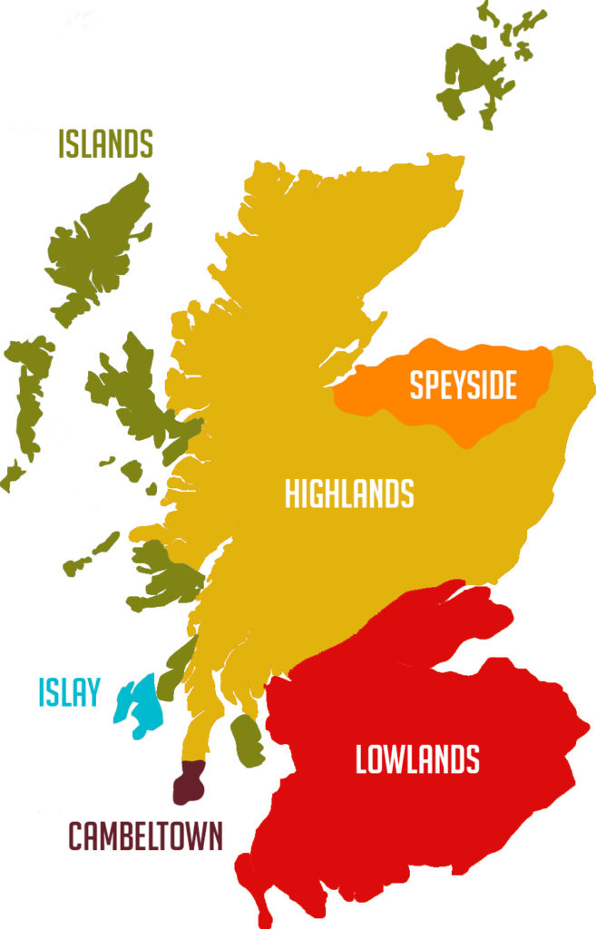 Mapa de regiones de whisky en Escocia