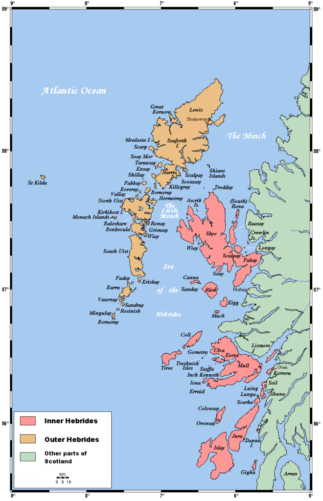 Mapa de las Islas Hébridas: Interiores y Exteriores